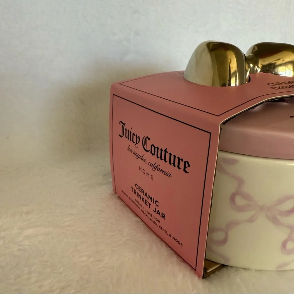 Juicy Couture Pink Bow Ceramic Jewelry Trinket Box Vanity Decor NWT